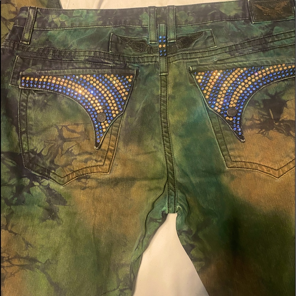 AUTHENTIC ROBINS JEANS Blue Tie Dye Acid Wash Gem Flap Jeans Size 42 LIKE NEW!!